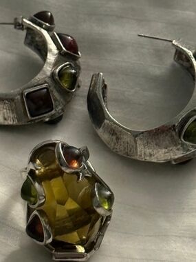Vintage  Lou G PURE .925Hoop Earrings- Cocktail Ring with Olive-Green/Amber CN